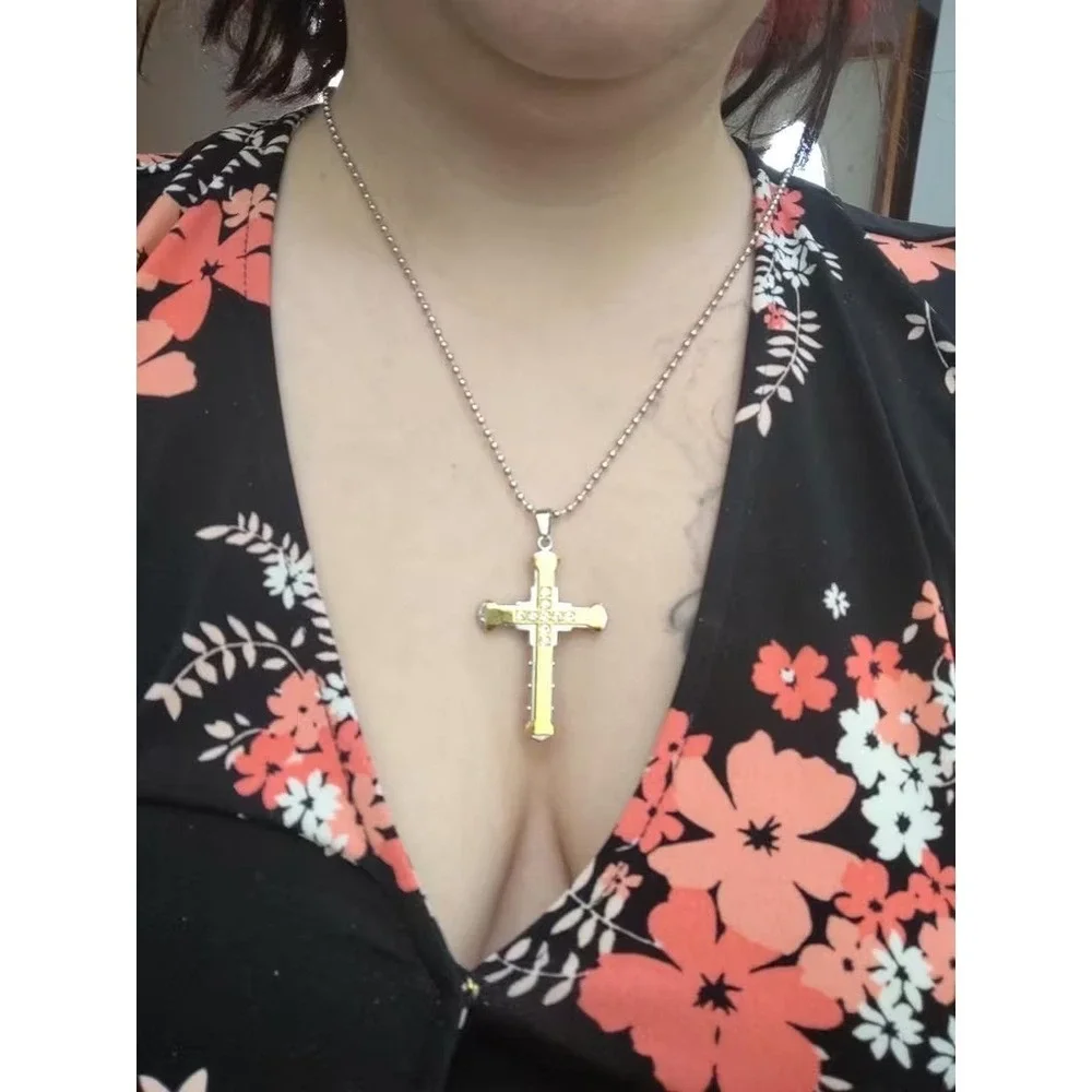 New Boutique Cross‎ Pendant Necklace Unisex Gold Silver Two Tone Crystal Inlay